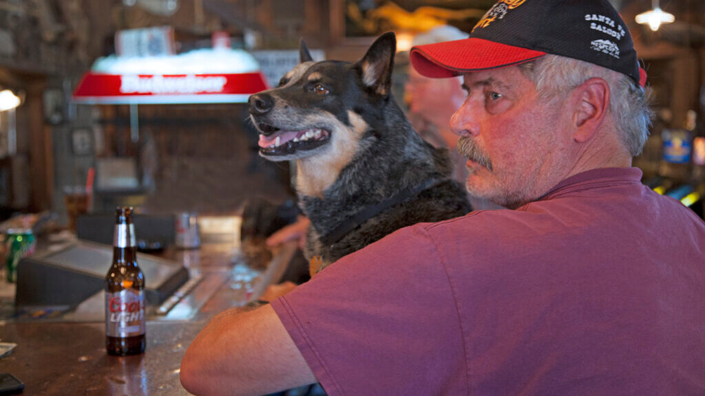 男人带着狗在圣达菲酒吧